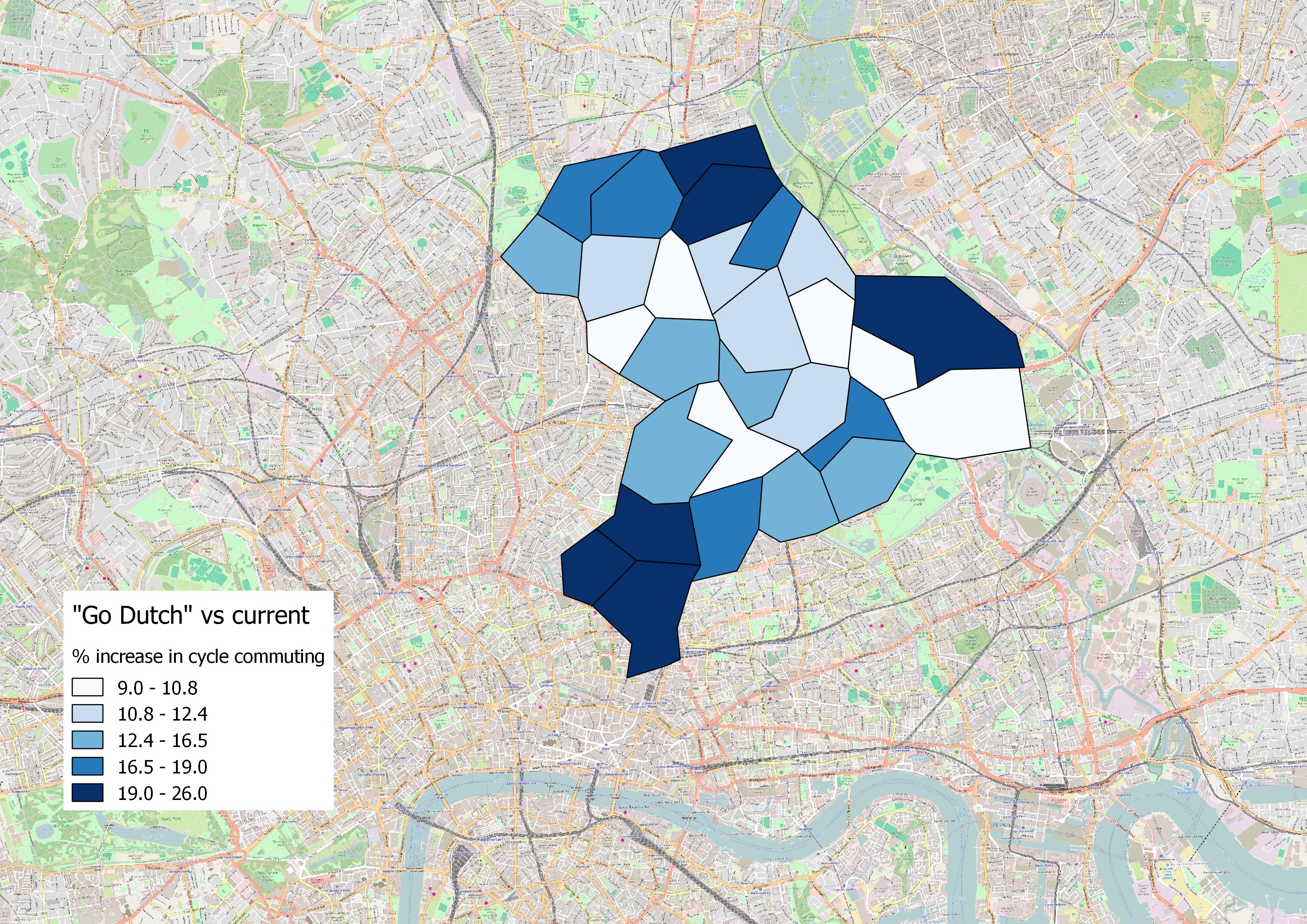 Hackney growth in cycle commuting, "Go Dutch" scenario