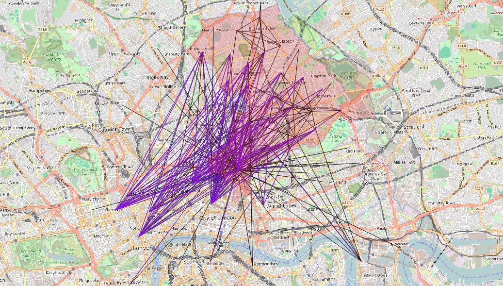 OD pairs with 25+ cycle commuters, Go Dutch scenario (black) superimposed on current (purple)